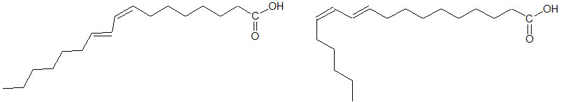 Vzorce kyseliny (cis,trans)-oktadeka-9,11-dienové (vlevo) a kyseliny (trans,cis)‑oktadeka-10,12-dienové (vpravo)